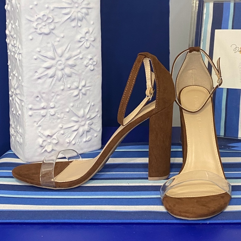 Brown and clear single strap toe and ankle sandal high heels wild diva